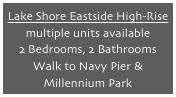 Lake Shore Eastside High-Rise
multiple units available
2 Bedrooms, 2 Bathrooms
Walk to Navy Pier & Millennium Park